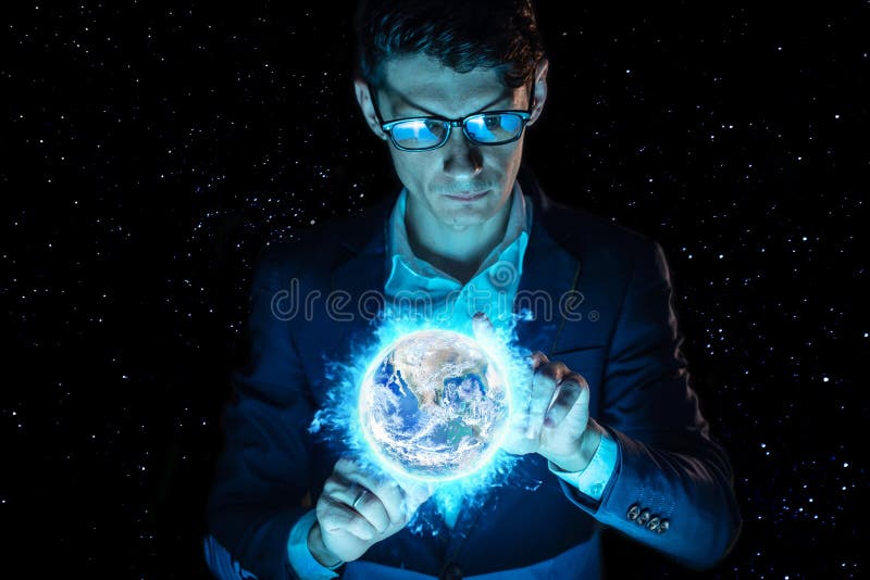 Man businessman holding hands over a blue glowing sphere in the form of planet earth. Elements furnished by NASA royalty free stock photos Man businessman holding hands over a blue glowing sphere in the form of planet earth. Elements furnished by NASA royalty free stock photos