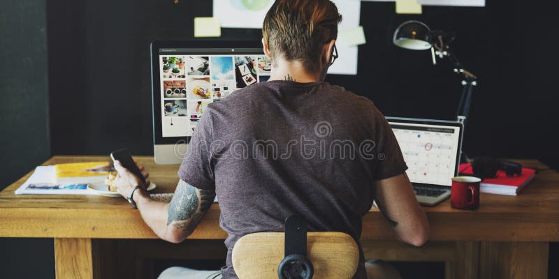 Man Busy Photographer Editing Home Office Concept. Computer editing stock images, royalty-free photos and pictures