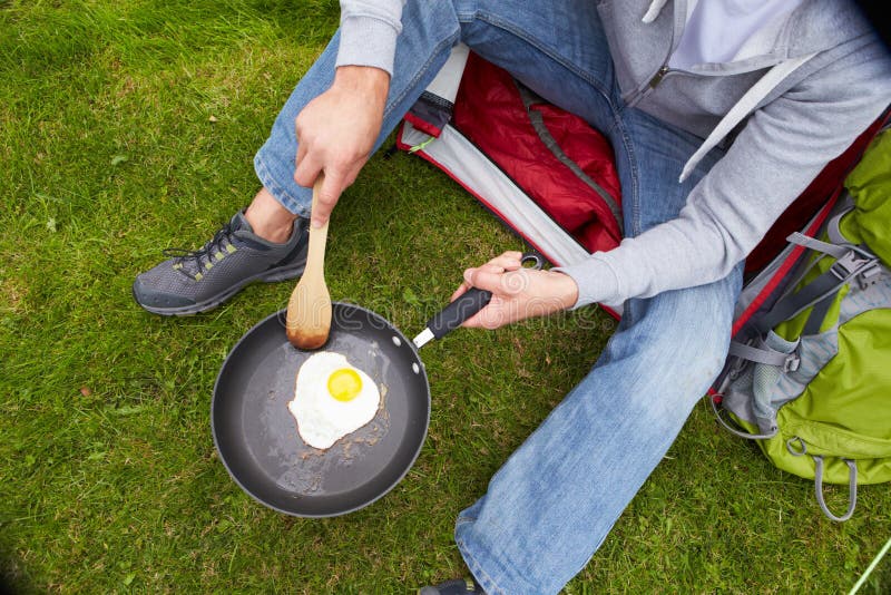 Man Camping Holiday Frying Egg Pan Stock Photos Free & RoyaltyFree