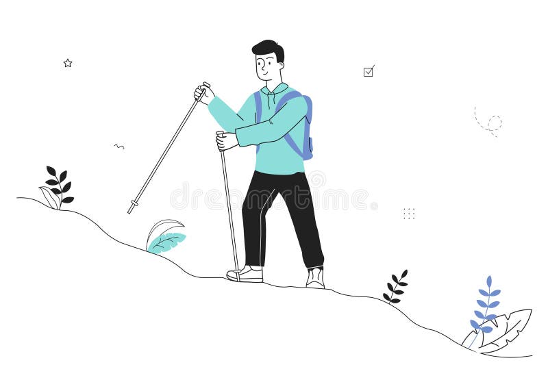 Man with camping. Young guy with backpack climbs mountain. Active lifestyle and sports. Tourist and traveler at hill stock illustration