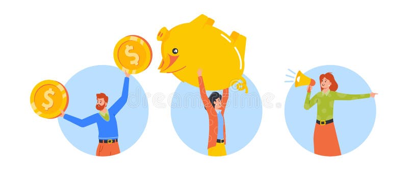 Man Carry Piggy Bank, Employee With Coins, Woman With Megaphone Isolated Round Icons Or Avatars Illustration