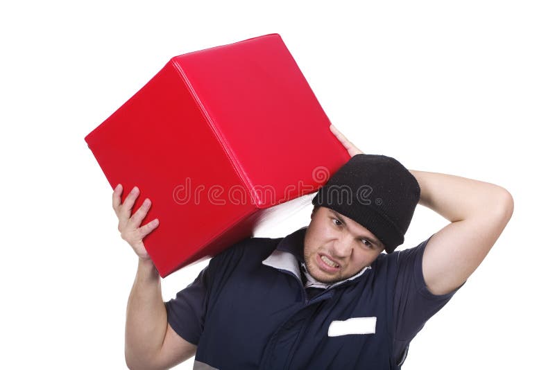 Man carrying red cube