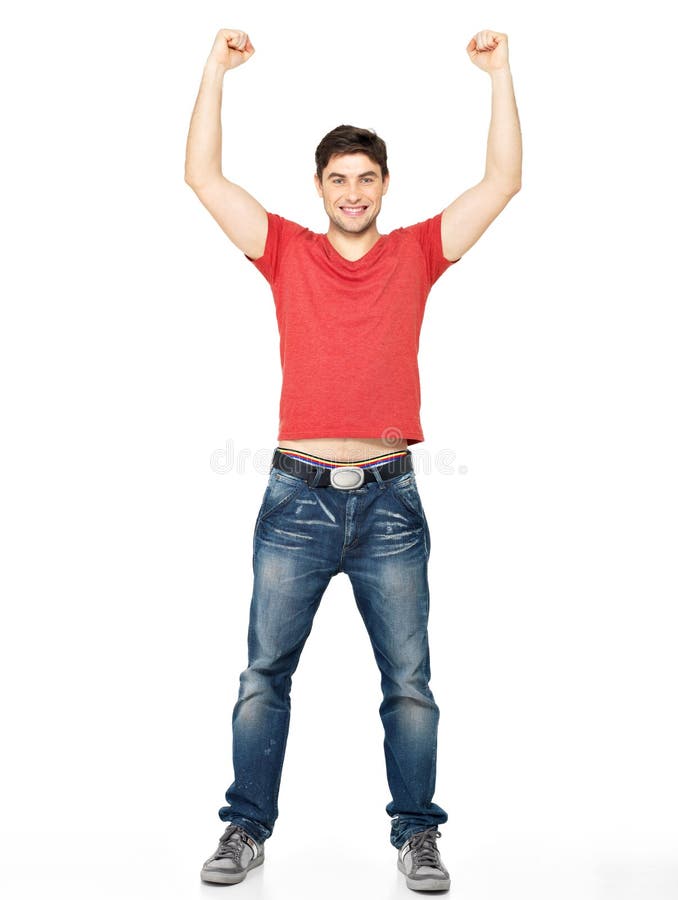 Man with in casuals with raised hands up isolated stock photography Man with in casuals with raised hands up isolated stock photography