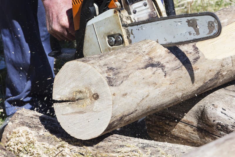 A man with a chainsaw cutting wood. stock photo A man with a chainsaw cutting wood. stock photo