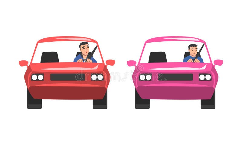 Man Character Driving Car Sitting on Driver Seat Inside Vehicle Front View Vector Set