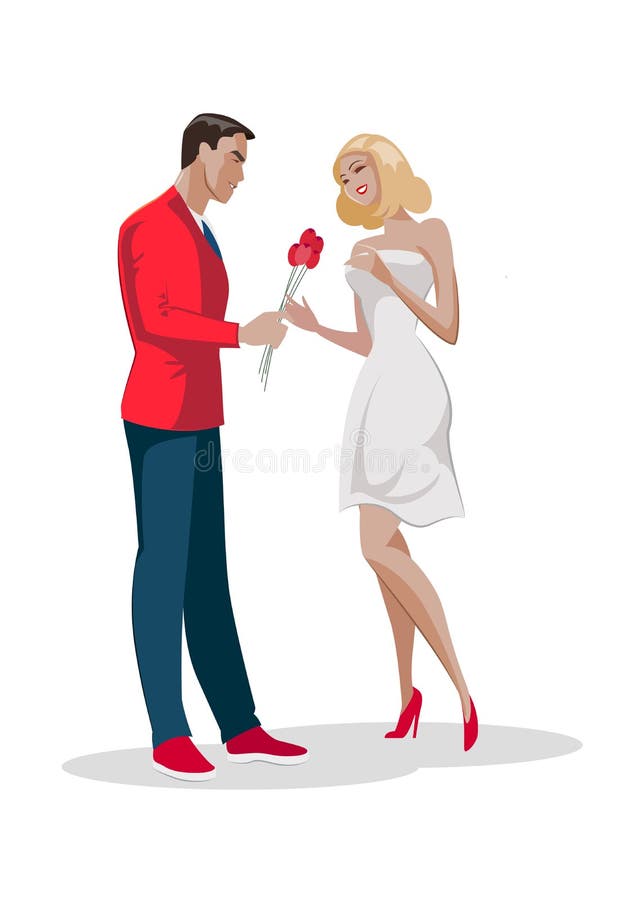 Man character give bouquet flowers to woman. First love date. royalty free illustration Man character give bouquet flowers to woman. First love date. royalty free illustration