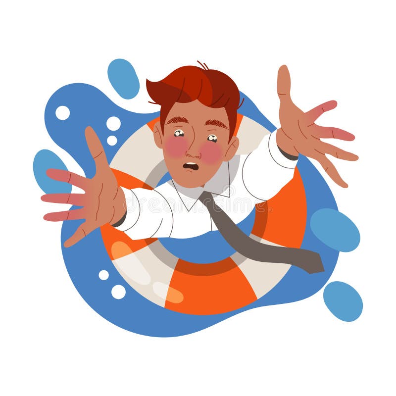 Man Character in Office Clothes and Lifebuoy Drowning Reaching Hands ...