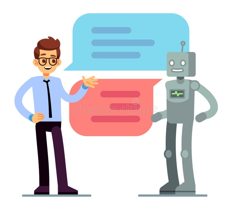 Man chatting and asking for help bot. Chatbot vector concept stock illustration Man chatting and asking for help bot. Chatbot vector concept stock illustration