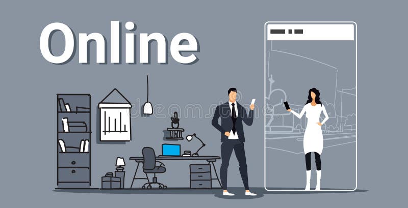 Man chatting with elegant woman in smartphone screen online chat concept couple using mobile application workplace stock illustration