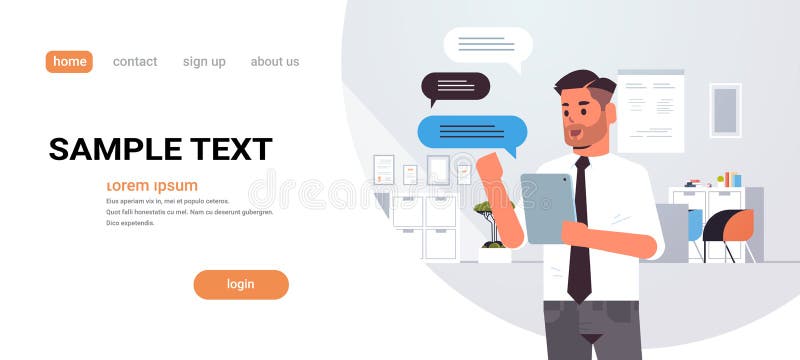 Man chatting on tablet businessman using mobile app social network chat bubble communication concept modern office stock illustration