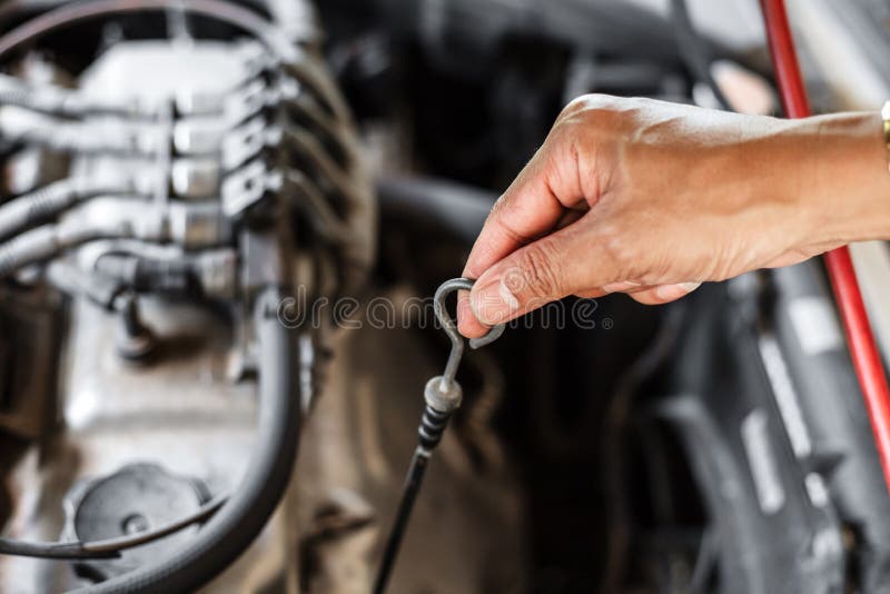 Man Checking Oil in His Car Using Dipstick Stock Photo Image of