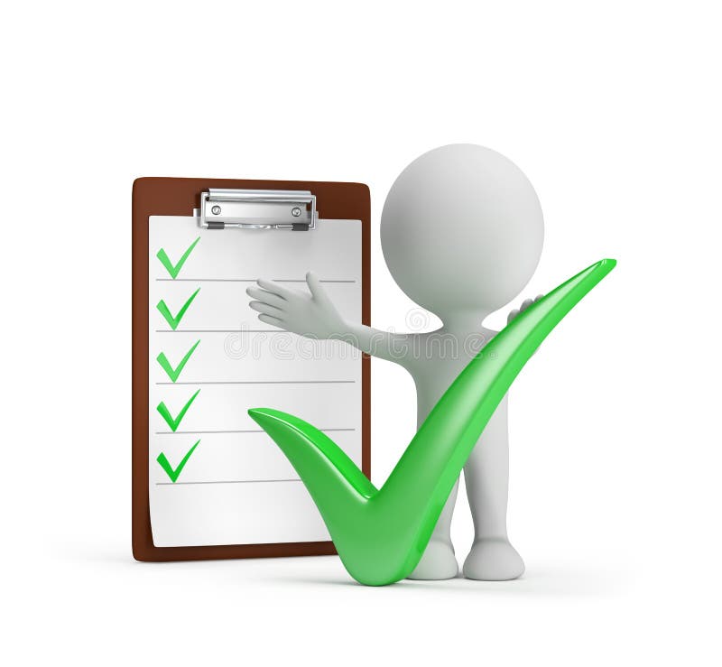 3d man with a positive symbol - the green check mark. 3d image. White background. Sign estimate illustrations