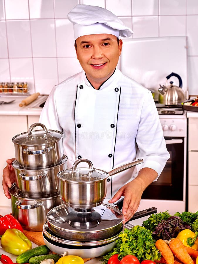 Man in Chef Hat Cooking Chicken Stock Photo Image of kitchen, smile