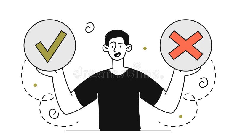 Man with choice. Young guy with green check mark and red cross. Person makes decision and solution. Logical thinking and stock illustration
