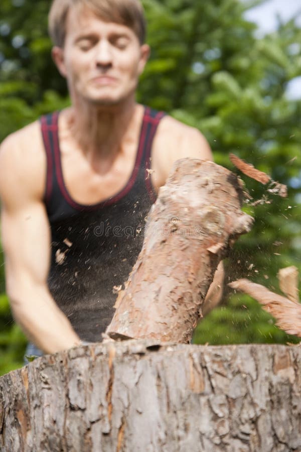 Man in his garden chopping wood using an axe, the setting is in summer, focus on the wood and lots of motion blur as the wood is splitting apart. Man in his garden chopping wood using an axe, the setting is in summer, focus on the wood and lots of motion blur as the wood is splitting apart