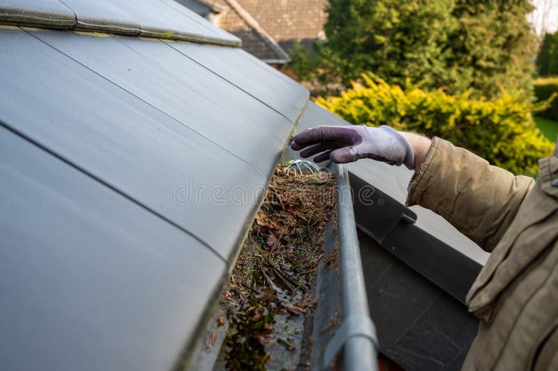 Man cleaning the blocked rain gutter. royalty free stock images