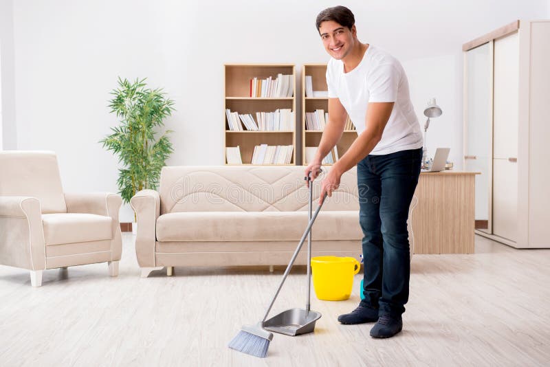 The Man Cleaning Home with Broom Stock Image - Image of house, husband ...