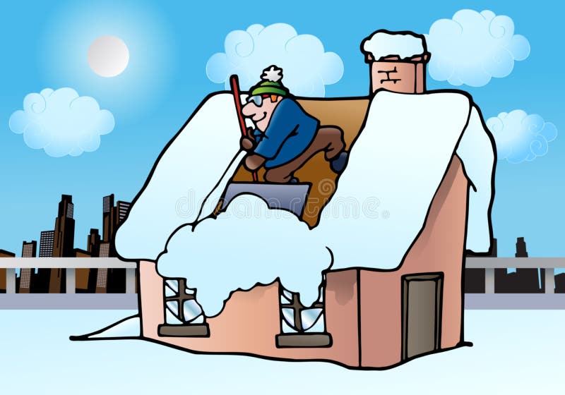 Man cleaning house roof burried under white snow