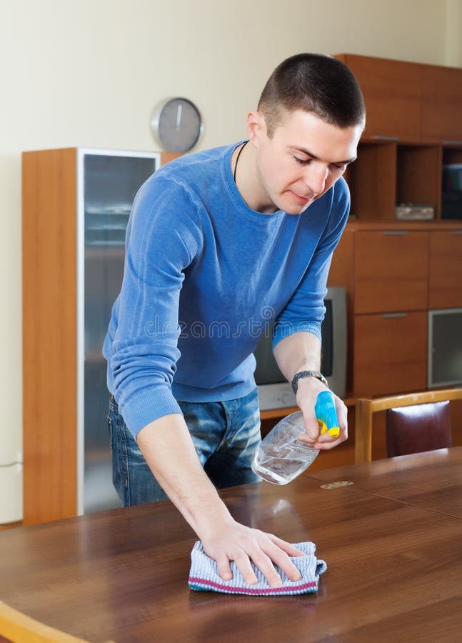 Man Cleaning Table with Rag and Cleanser Stock Photo Image of