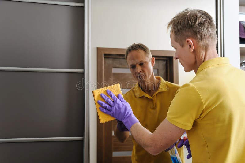 A man cleans the windows. stock image. Image of cleaner 85858279