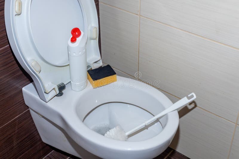 Man Cleans a Toilet Bowl Using Means for Cleaning Stock Photo Image
