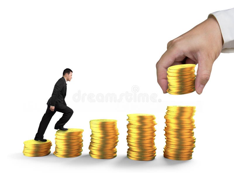 Man climbing step stairs of golden coins stacked by hand royalty free stock photo