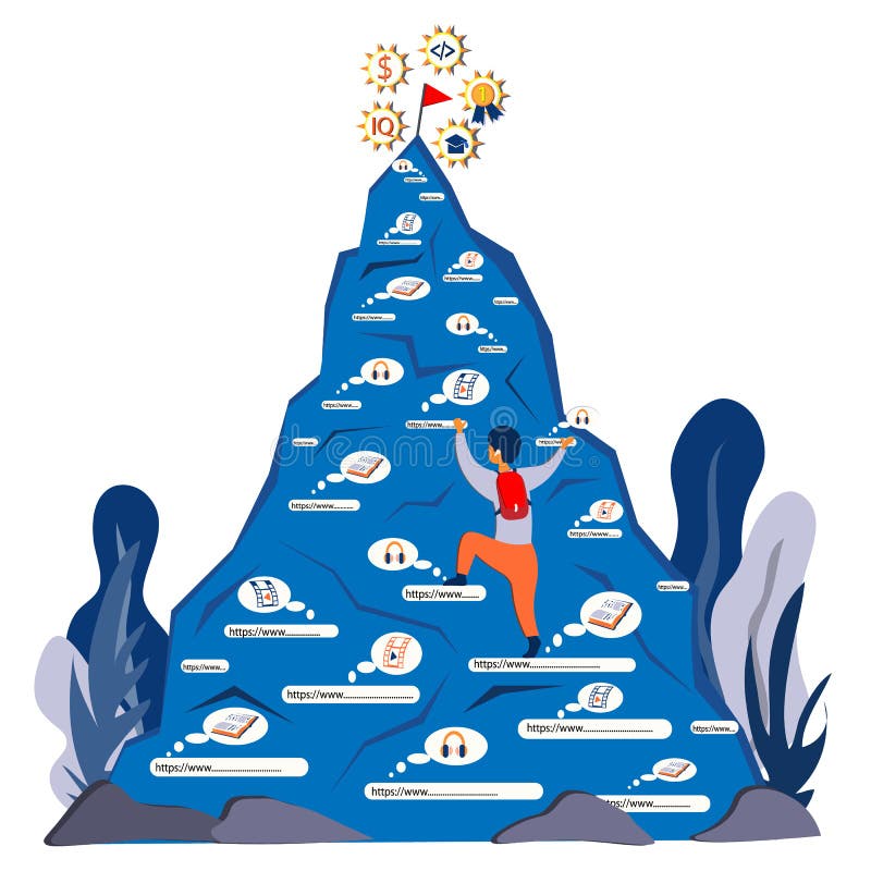 A man climbs a mountain on the basis of links from the Internet seeking to the top of knowledge. Illustration in flat royalty free illustration