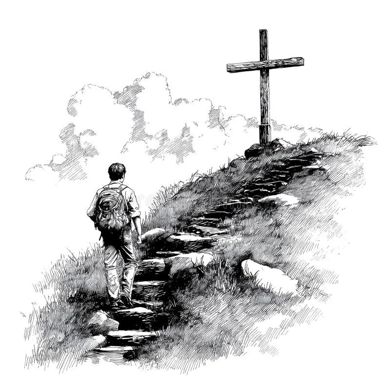 Man Climbs Mountain Path to Cross Graphic Isolated royalty free illustration