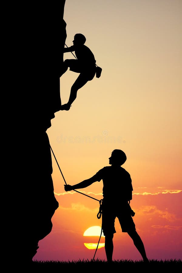 Man climbs mountain at sunset vector illustration