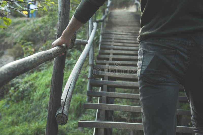 The Man Climbs the Wooden Stairs Stock Image - Image of outdoors, step ...