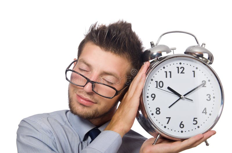 Man With Clock Trying To Meet The Deadline Isolated Stock Photo Image