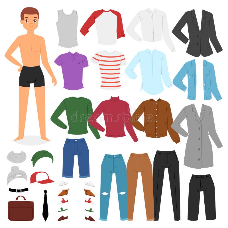 Man clothing vector boy character dress up clothes with fashion pants or shoes illustration boyish set of male cloth for