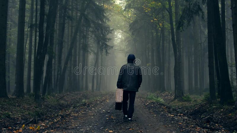 Man in coat with old suitcase in a foggy autumn forest