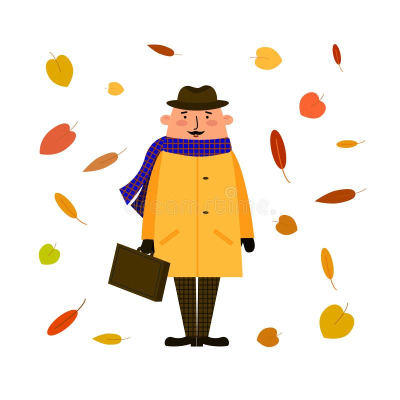 A Man in a Coat, Scarf and Hat Holding a Suitcase. Autumn. Character in ...