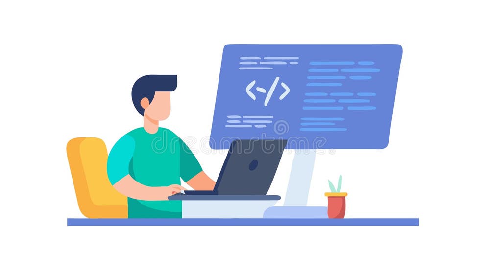 Man Coding on Laptop, Software Development and Programming, Vector ...