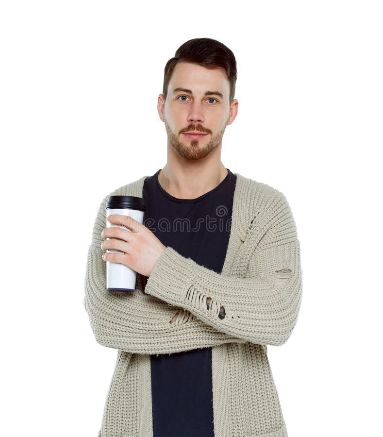 Man with coffee cup stock photo. Image of standing, sweater 146190186