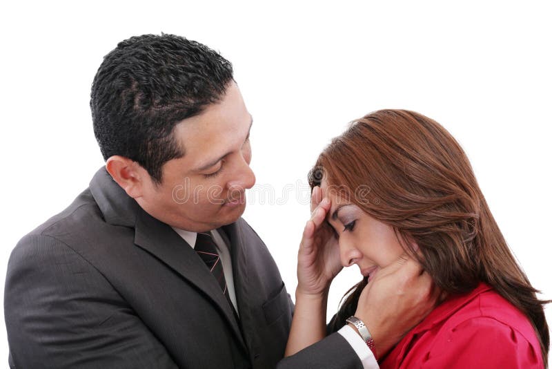 Man Comforting A Woman isolated over a white background.