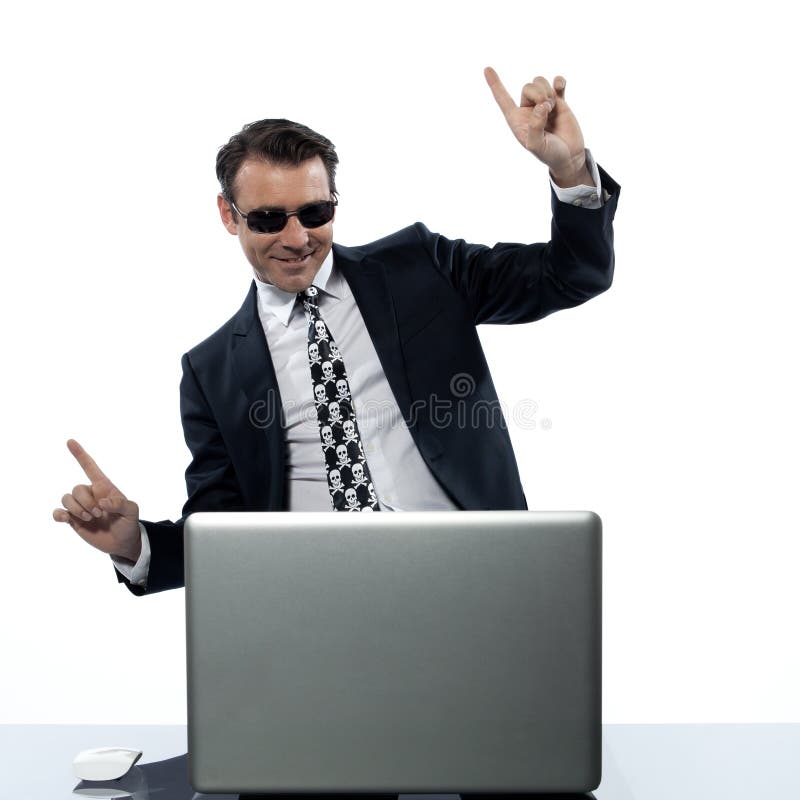 Man computer hacker satisfied internet piracy royalty free stock photo
