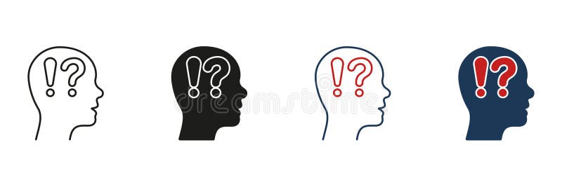 Man Confused Line and Silhouette Icon Set. Human Head with Question Mark, Exclamation Point. Person Face in Profile View royalty free illustration