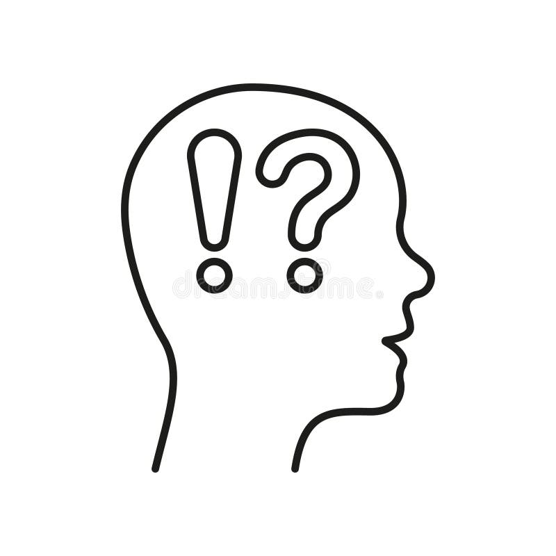 Man Confused Outline Symbol. Human Head with Question Mark, Exclamation Point Line Icon. Person Face in Profile View royalty free illustration