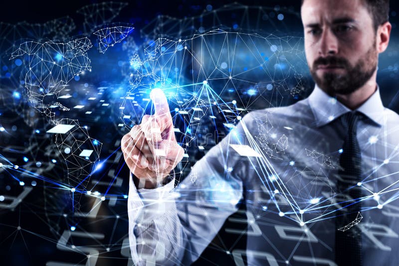 Man connecting to global world. Concept of interconnection, internet and network stock images Man connecting to global world. Concept of interconnection, internet and network stock images