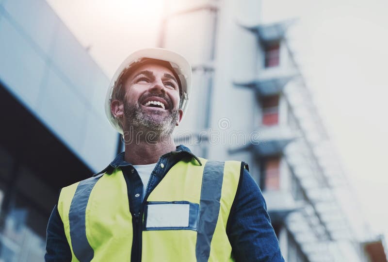 Man, construction and architecture thinking outside, building vision and plan or property development. Professional royalty free stock images