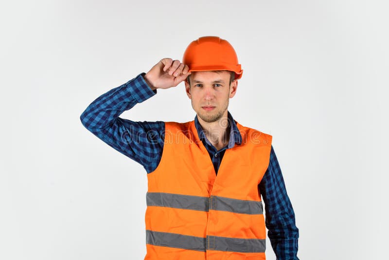 Man on Construction Site Engineer. Real Construction Worker in Helmet. Carpenter Ready To Work