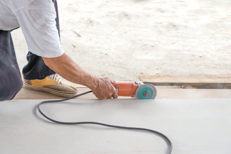 Man Construction Worker Cutting Tile with Electric Saw Hand Working, Stock Image Image of