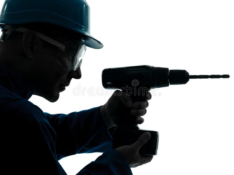 Man construction worker holding drill silhouette royalty free stock photo