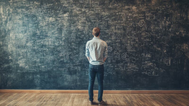 Man contemplating complex formulas on a large chalkboard stock image
