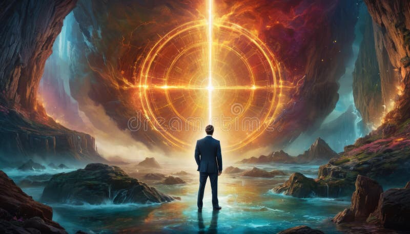Man Contemplating Cosmic Gateway stock photo