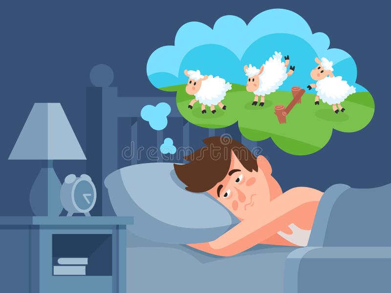 Man counts sheep to sleep. Insomnia cartoon vector illustration