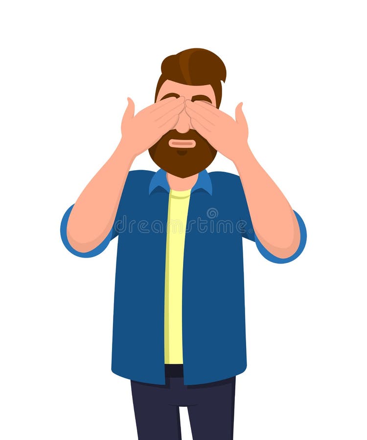 Man covering/closing his eyes with hands and making a don`t see gesture. Man does not want to see. Concept illustration in .