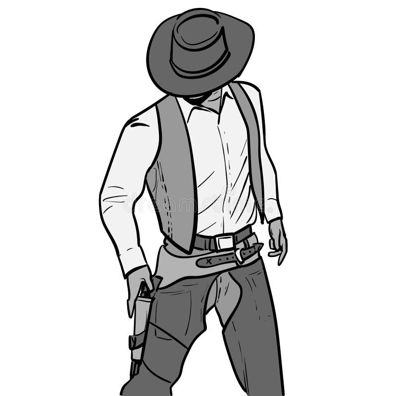 Man with cowboy hat and gun. Western Gunfighter. Digital sketch hand drawing vector. Illustration.